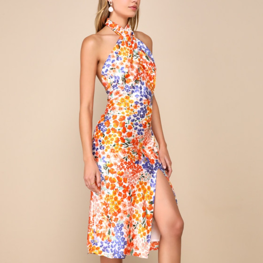 Lulus Bold Presence Orange Multi Floral Satin Halter Midi Dress - Size M
